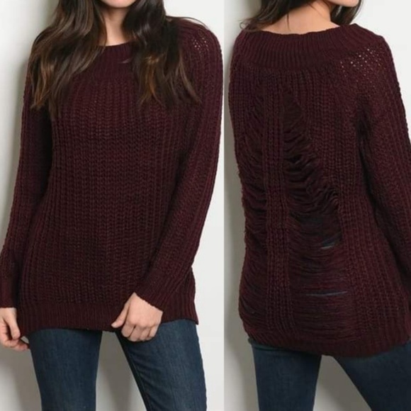 Slashed Distressed Back Knit Sweater (MERLOT) - Picture 1 of 4